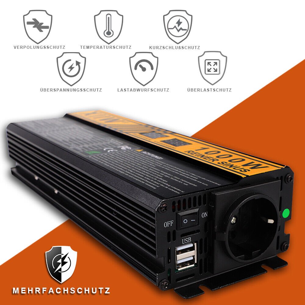 Spannungswandler | Reiner Sinus | 12V auf 230V | 1000W/2000W | 2 USB