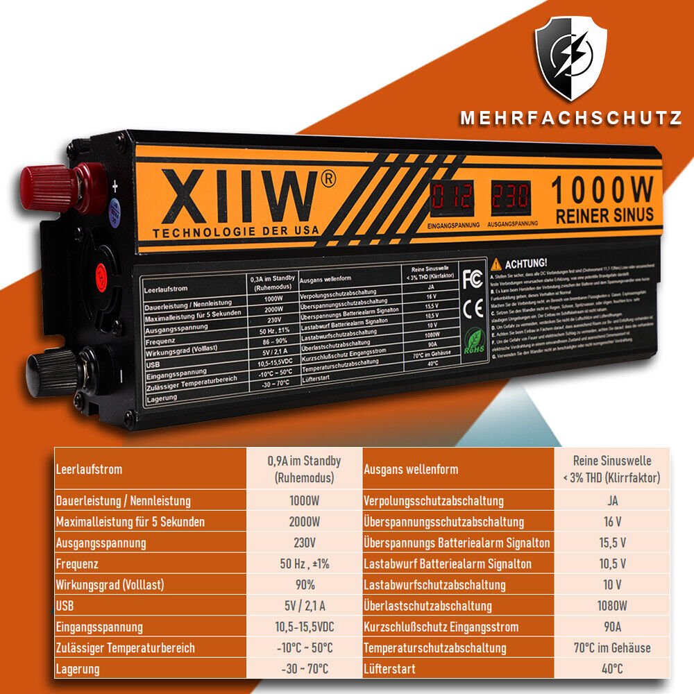 Spannungswandler | Reiner Sinus | 12V auf 230V | 1000W/2000W | 2 USB