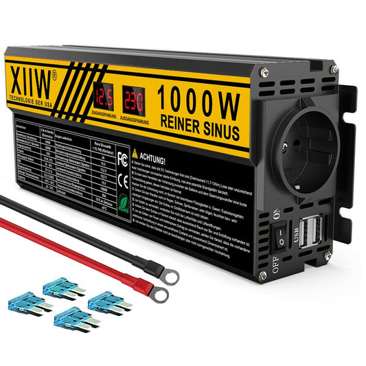 Spannungswandler | Reiner Sinus | 12V auf 230V | 1000W/2000W | 2 USB